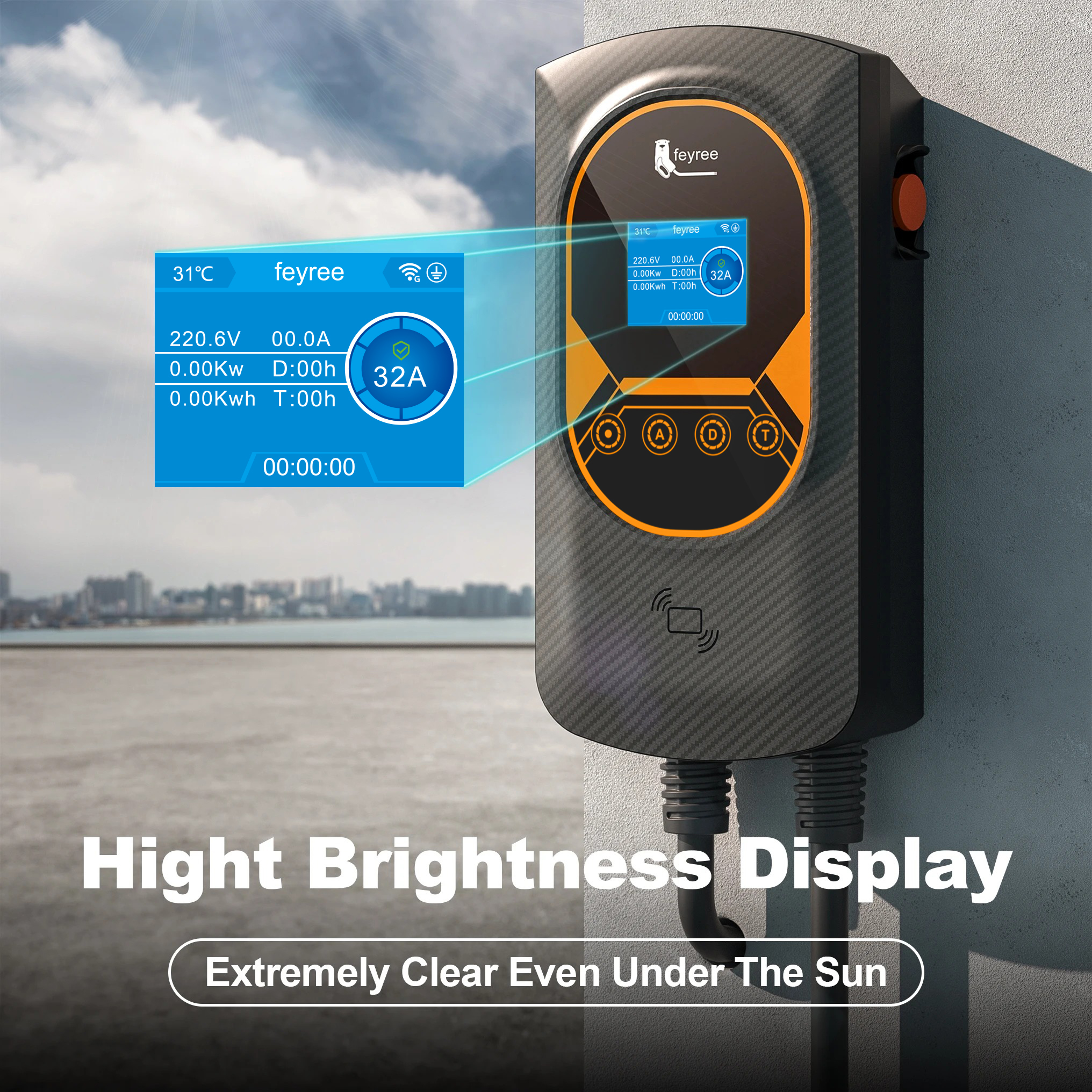 Wallbox EV charger with high-brightness display showing 32A current for fast, reliable home charging even in direct sunlight.