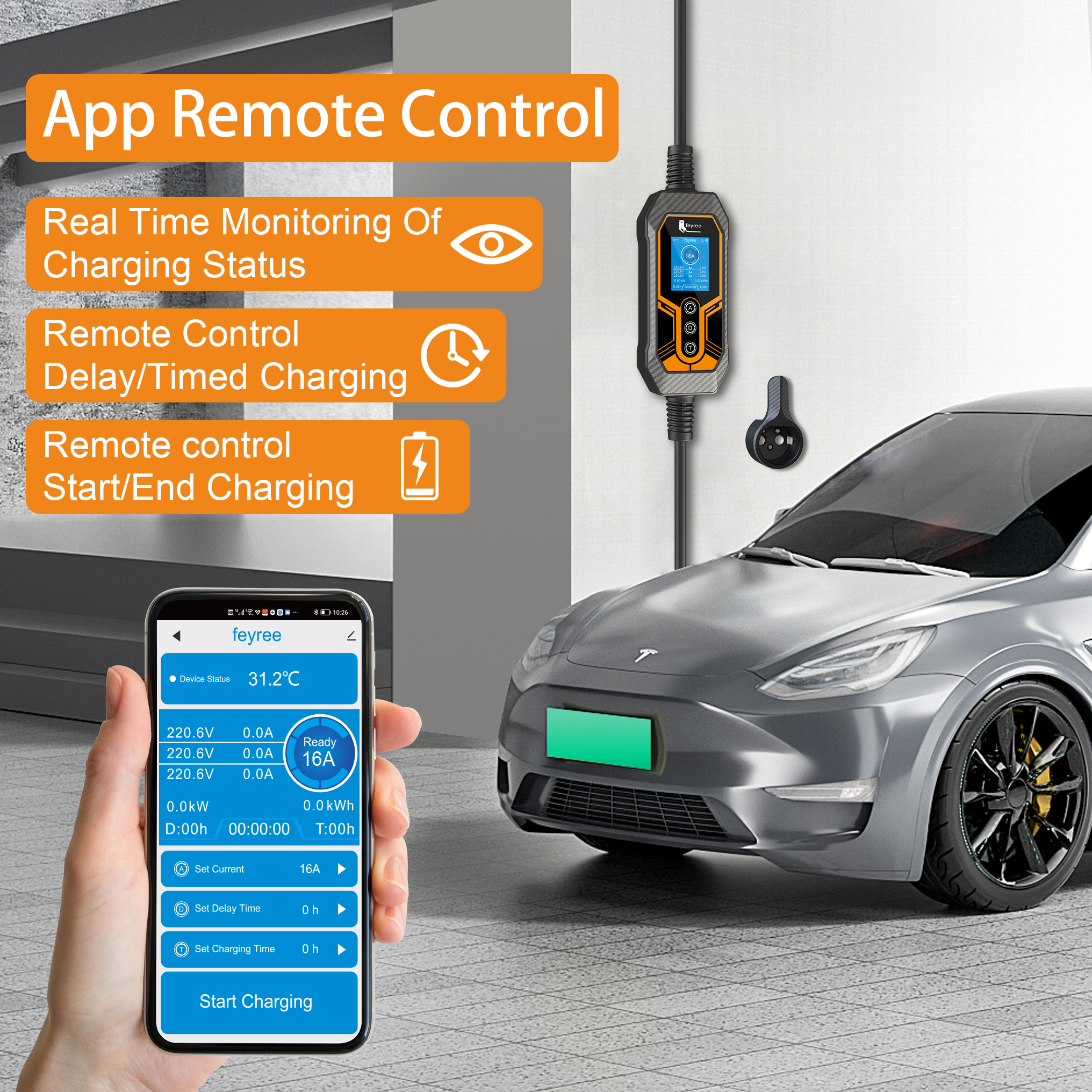 Portable EV charger with smart Wi-Fi app remote control for real-time monitoring and timed charging on a Tesla.