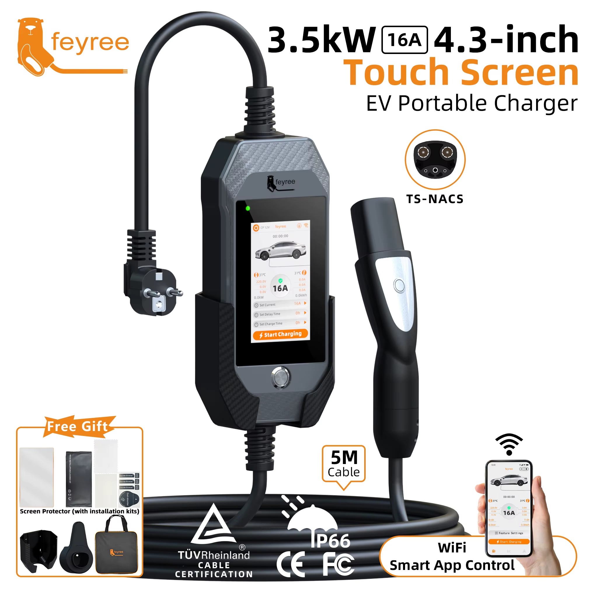 feyree 4.3in Touchscreen Portable EV Charger For 3.5kW 16A 1Phase Tesla With WiFi APP Control EVSE Wallbox For EV Car Charging