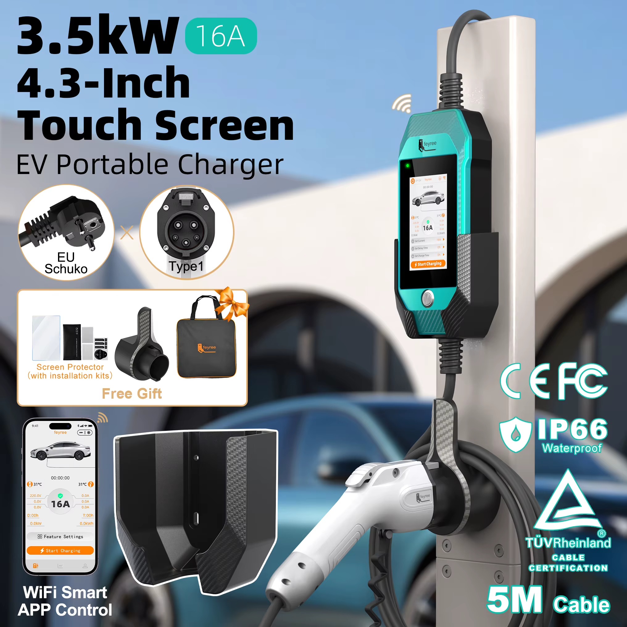 Feyree Type1 3.5kW 16A Portable EV Charger 4.3 inch Touch Screen Smart WIFI APP Remote Control Design AC EV Charging Station