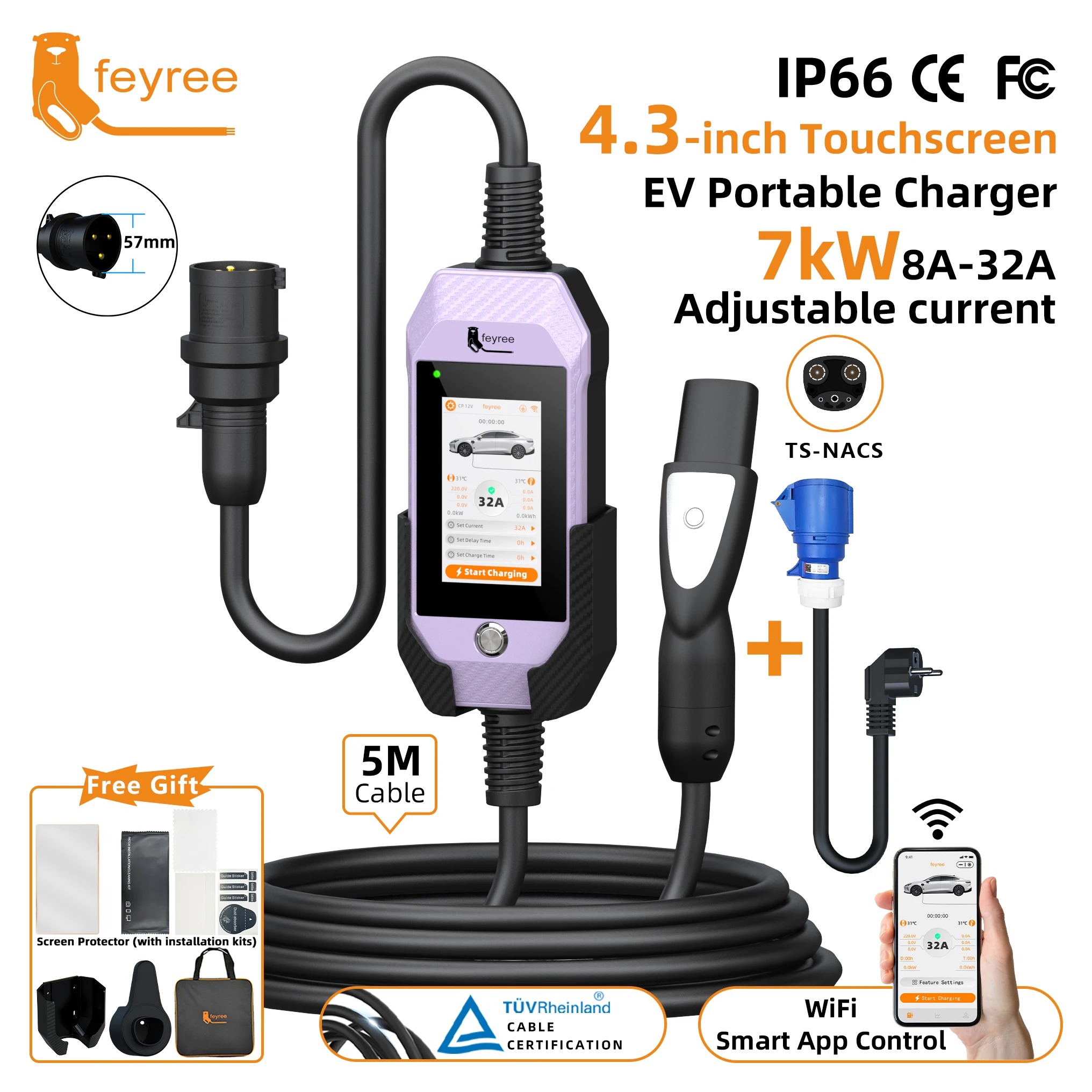 feyree 4.3Inch Touch Screen EV Charger 7kW 32A 1Phase TS-NACS Socket Smart WIFI APP Control EVSE Portable Box for Tesla EV Cars