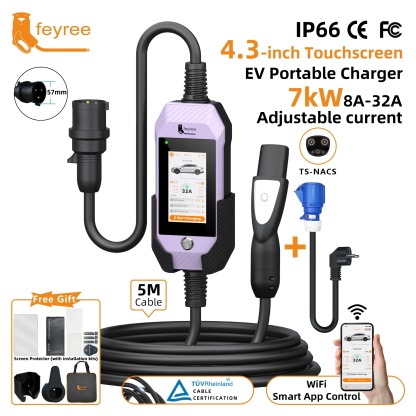 feyree 4.3Inch Touch Screen EV Charger 7kW 32A 1Phase TS-NACS Socket Smart WIFI APP Control EVSE Portable Box for Tesla EV Cars
