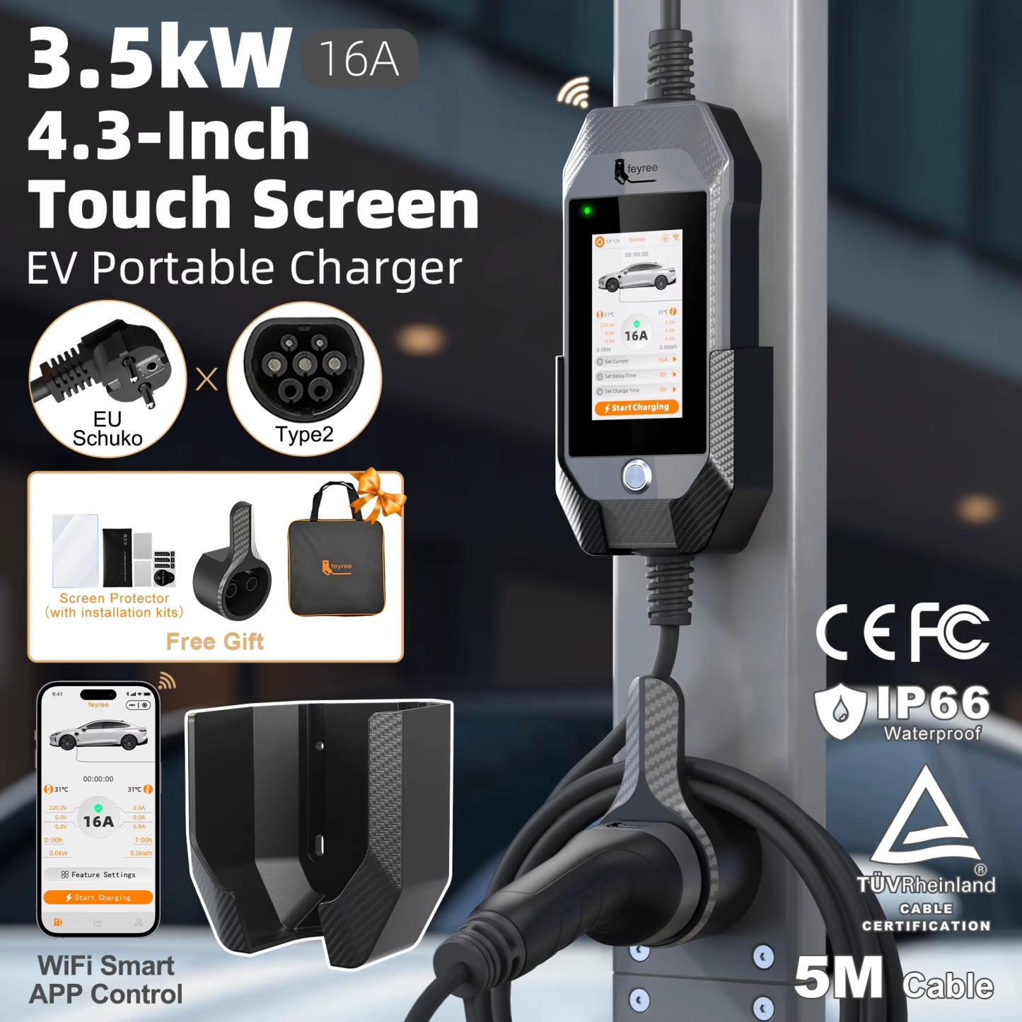 Feyree Portable EV Charger 3.5kW 16A Type 2 | 4.3' Touchscreen, WiFi APP Control, Charge History | 5M Cable for Electric Vehicle