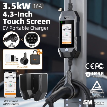 Feyree Portable EV Charger 3.5kW 16A Type 2 | 4.3' Touchscreen, WiFi APP Control, Charge History | 5M Cable for Electric Vehicle