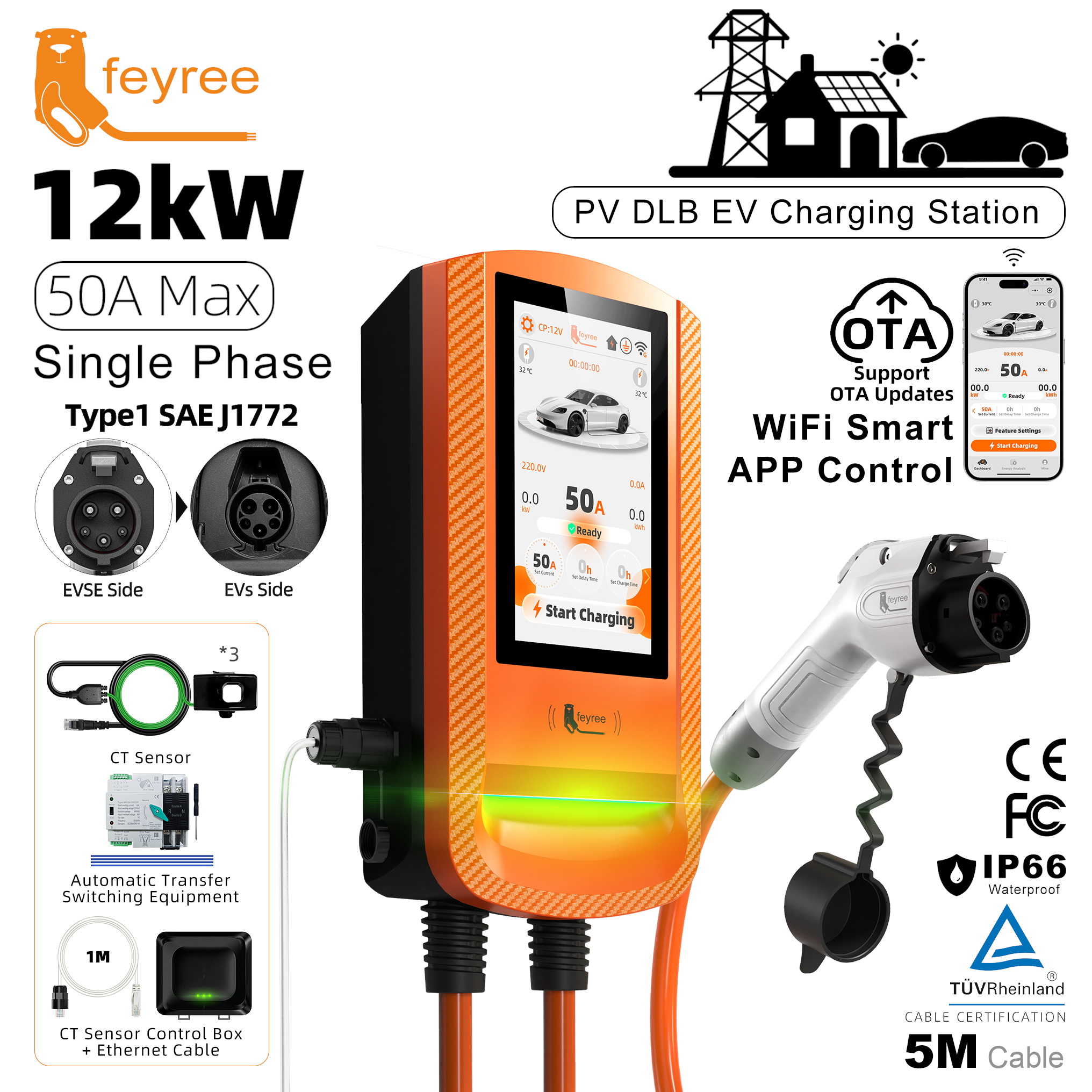 feyree 7 Inch Touch Screen Type 1 EV Charger Smart APP Charging Log OTA Upgrade with PV Automatic Load Balancing Solar Charger