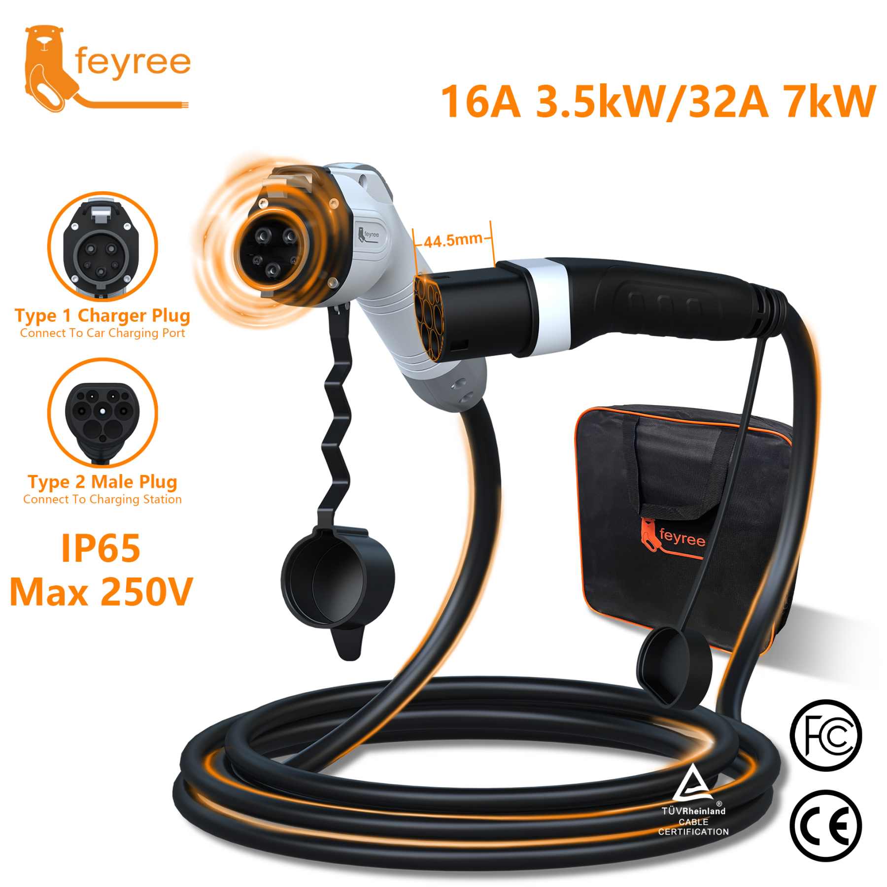 feyree EV Charging Cable J1772 Type1 to Type2 Female to Male Plug 32A 16A 5m Cable Electric Vehicle Cord for Car Charger Station