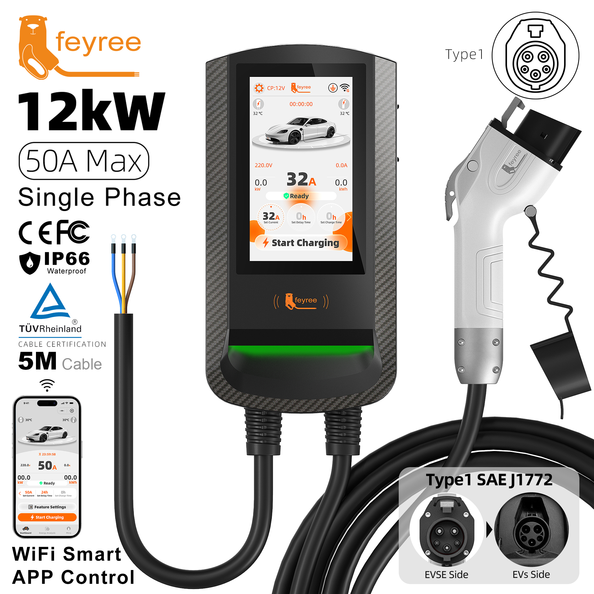feyree Type1 EV Wallbox RFID Card Authorization 7.6kW 7Inch Touch Screen APP Control OTA Upgrade Charging Log 12kW Car Charger