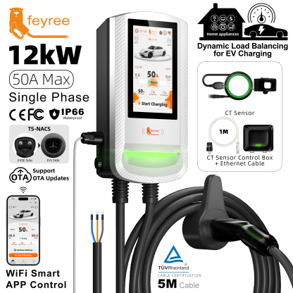Feyree TS-NACS 12kW 50A EV Wallbox Smart Dynamic Load Balance&OTA &Charging Log&APP Control EV Charging Station for Outdoor Use