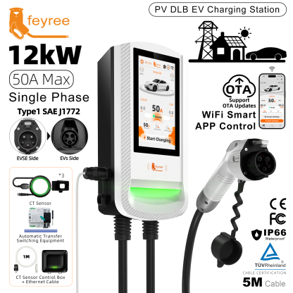 feyree Type 1 EV Charger 7 Inch Touch Screen APP Control OTA Upgrade Charging Log PV Solar Dynamic Load Balancing Home Wallbox
