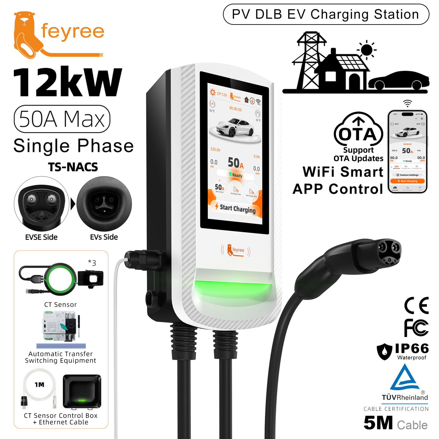 Feyree TS‑NACS PV DLB EV  Wallbox EVSE with 7Inch Touch Screen APP Control OTA Upgraded Fast Charger for Electric EV
