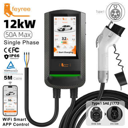 feyree Type1 EV Wallbox RFID Card Authorization 7.6kW 7Inch Touch Screen APP Control OTA Upgrade Charging Log 12kW Car Charger
