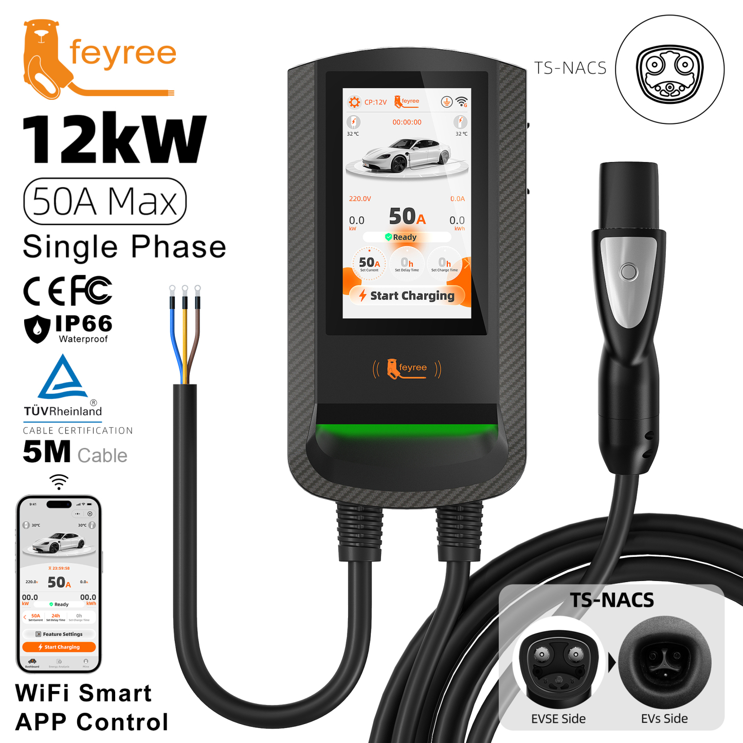 feyree Tesla 7.6/9.6/12kW EV Charger Wallbox 7Inch Touch Smart APP Control OTA Upgrade Charging Log Home EV Charging Station