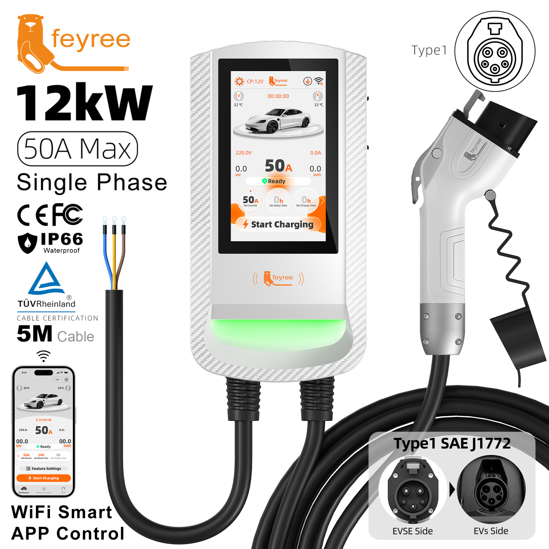 Feyree Type1 EV Wallbox with 7-Inch Touch Screen OTA Upgrade Smart APP Charging History & Safety for Exclusive Home Use