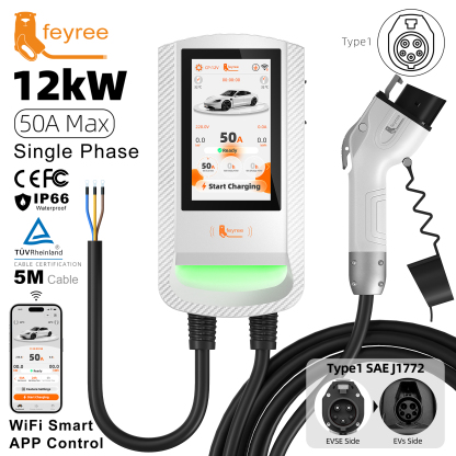 Feyree Type1 EV Wallbox with 7-Inch Touch Screen OTA Upgrade Smart APP Charging History & Safety for Exclusive Home Use