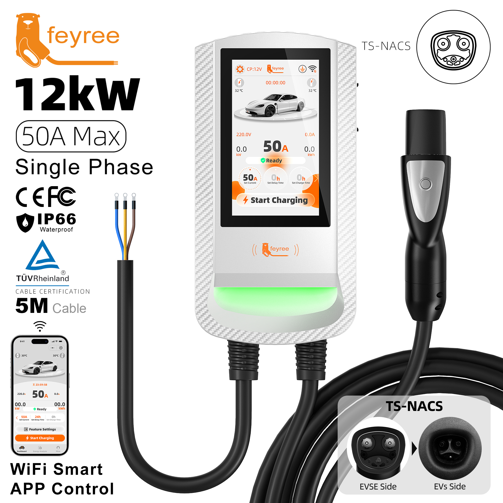 Feyree EV Charging Station 32A 7KW 12KW TS‑NACS Wallbox EVSE with 7Inch Touch Screen APP Control 9.6KW Charger for Electric Car