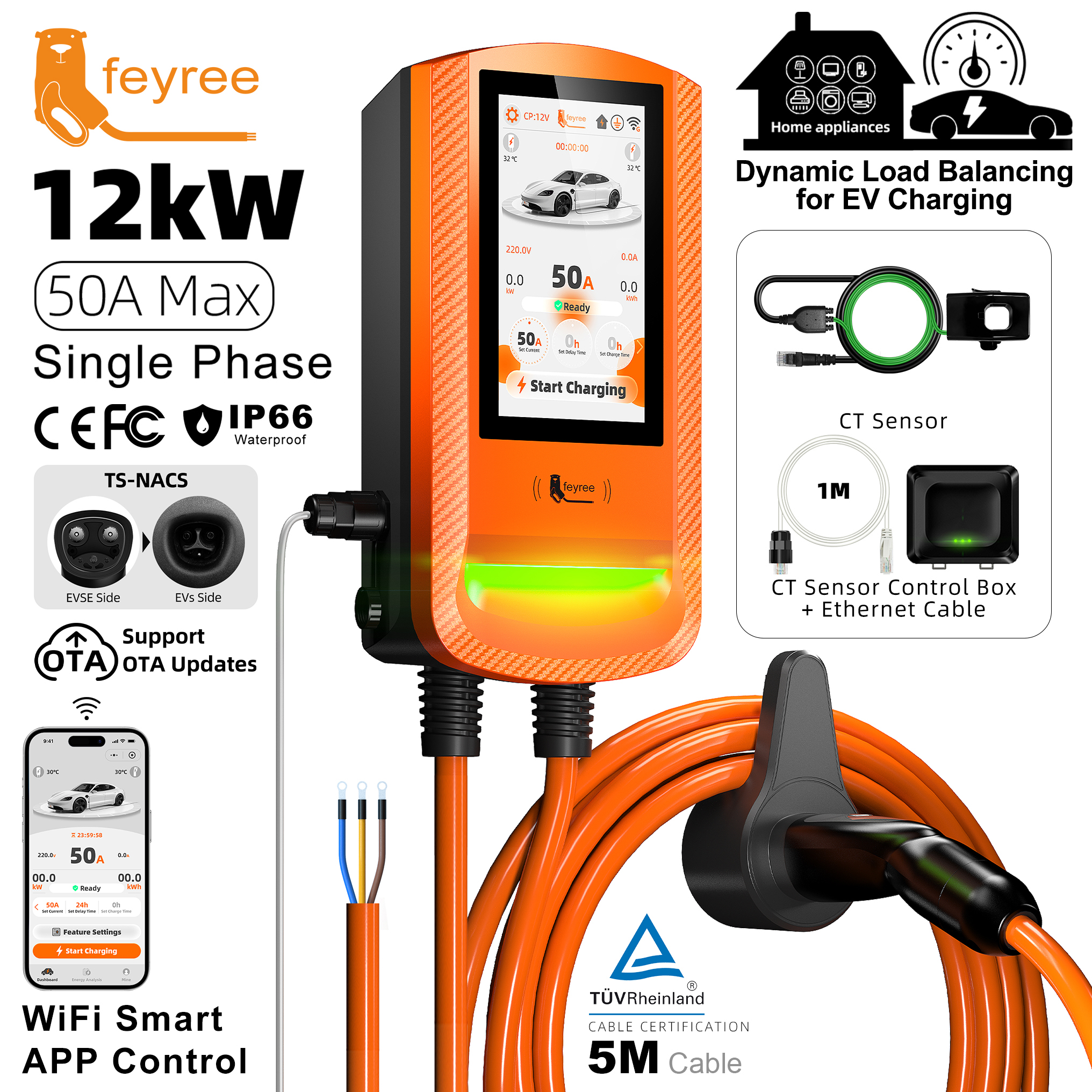 Feyree DLB EV Charging Station 32A 7/9.6/12KW TS‑NACS Wallbox EVSE w/7Inch Touch Screen APP Control Fast Charger for Electric EV