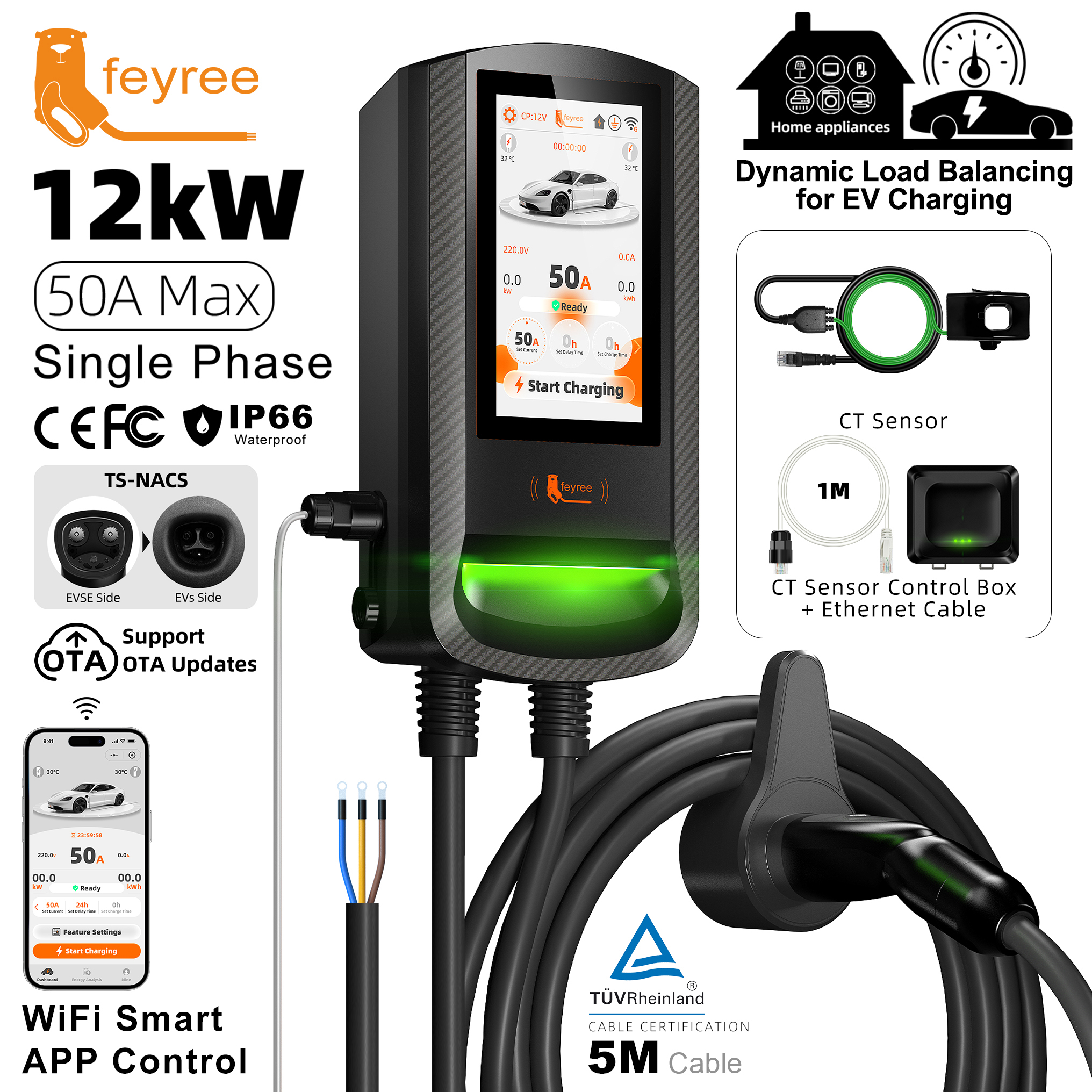 [Copy]Feyree DLB EV Charging Station 32A 7/9.6/12KW TS‑NACS Wallbox EVSE w/7Inch Touch Screen APP Control Fast Charger for Electric EV