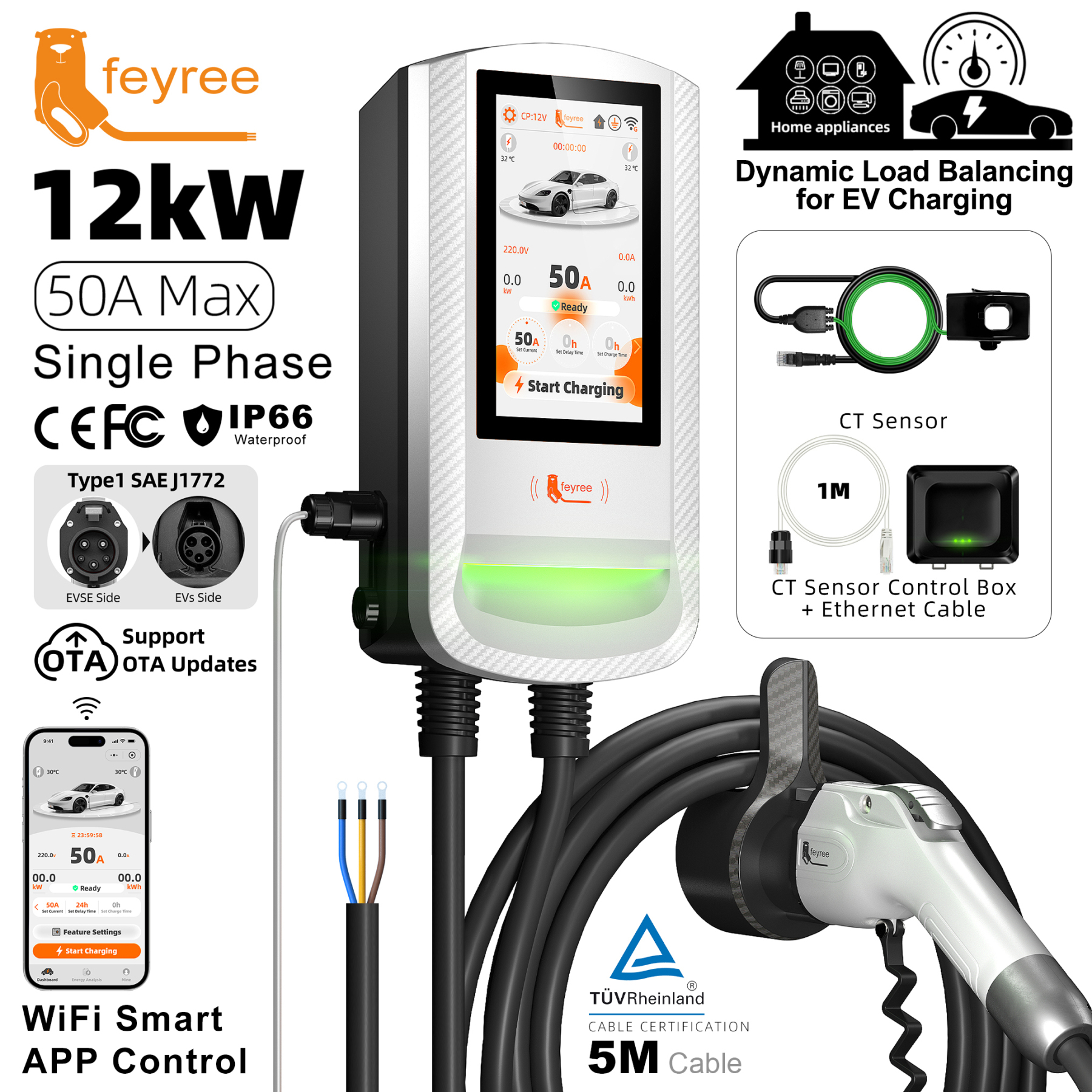 Feyree Type1 7Inch Touchscreen Single Phase EV Wallbox Smart Dynamic Load Balance OTA Upgrade Smart Home Charging Station