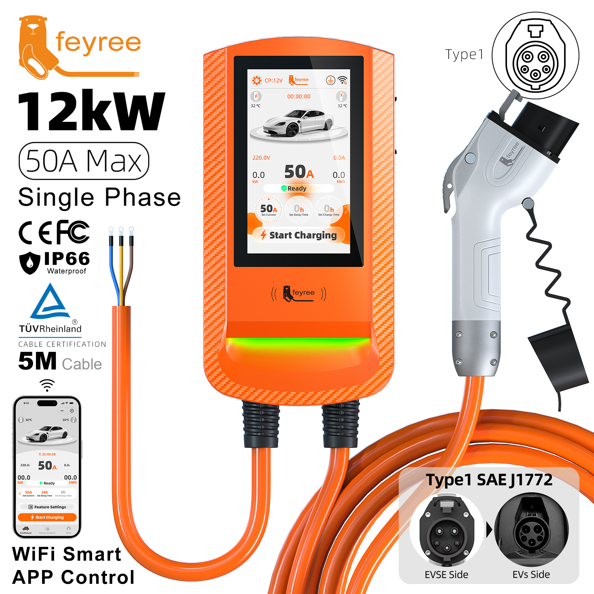 Feyree 7 inch Touch Screen Type 1 EV Charger Wallbox with Screen Lock Password Safety Exclusive RFID Protection and OTA Upgrade