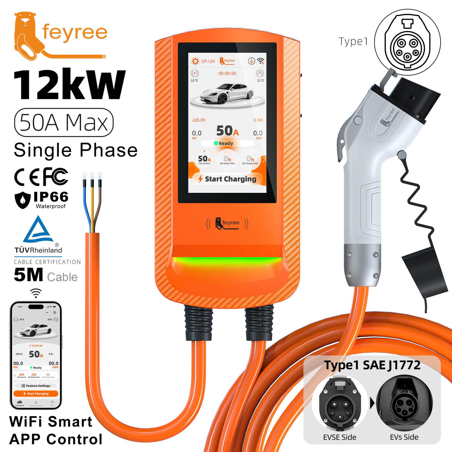 Feyree 7 inch Touch Screen Type 1 EV Charger Wallbox with Screen Lock Password Safety Exclusive RFID Protection and OTA Upgrade