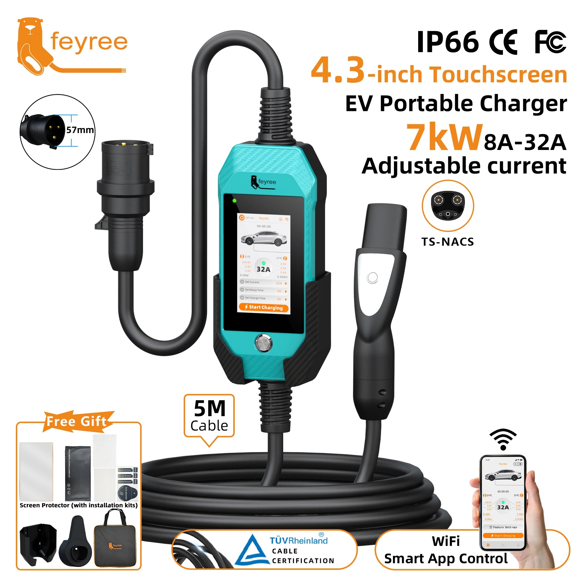 feyree 4.3Inch Touch Screen EV Charger 7kW 32A 1Phase TS-NACS Socket Smart WIFI APP Control EVSE Portable Box for Tesla EV Cars