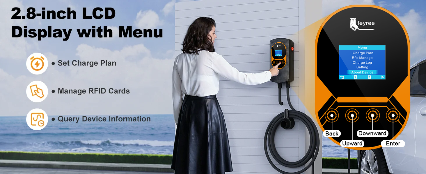 Smart Wallbox EV charger with 2.8-inch LCD menu for charge schedule setting and RFID access control.
