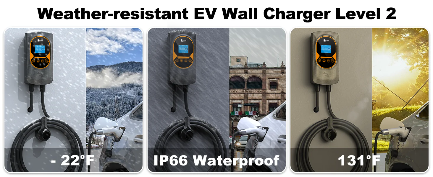 Durable Level 2 Wallbox EV charger with IP66 waterproof rating, reliable from -22°F to 131°F for outdoor charging.