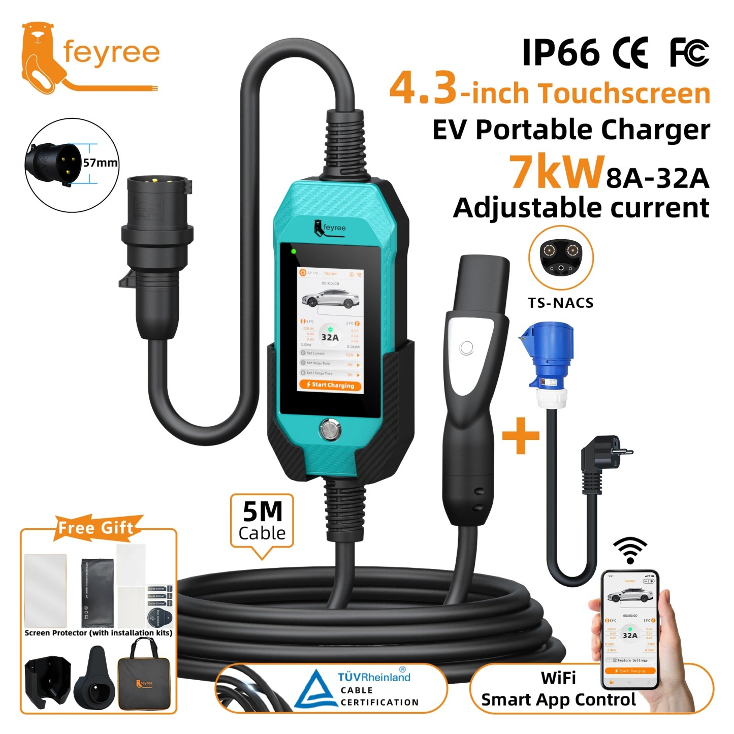 feyree 4.3Inch Touch Screen EV Charger 7kW 32A 1Phase TS-NACS Socket Smart WIFI APP Control EVSE Portable Box for Tesla EV Cars