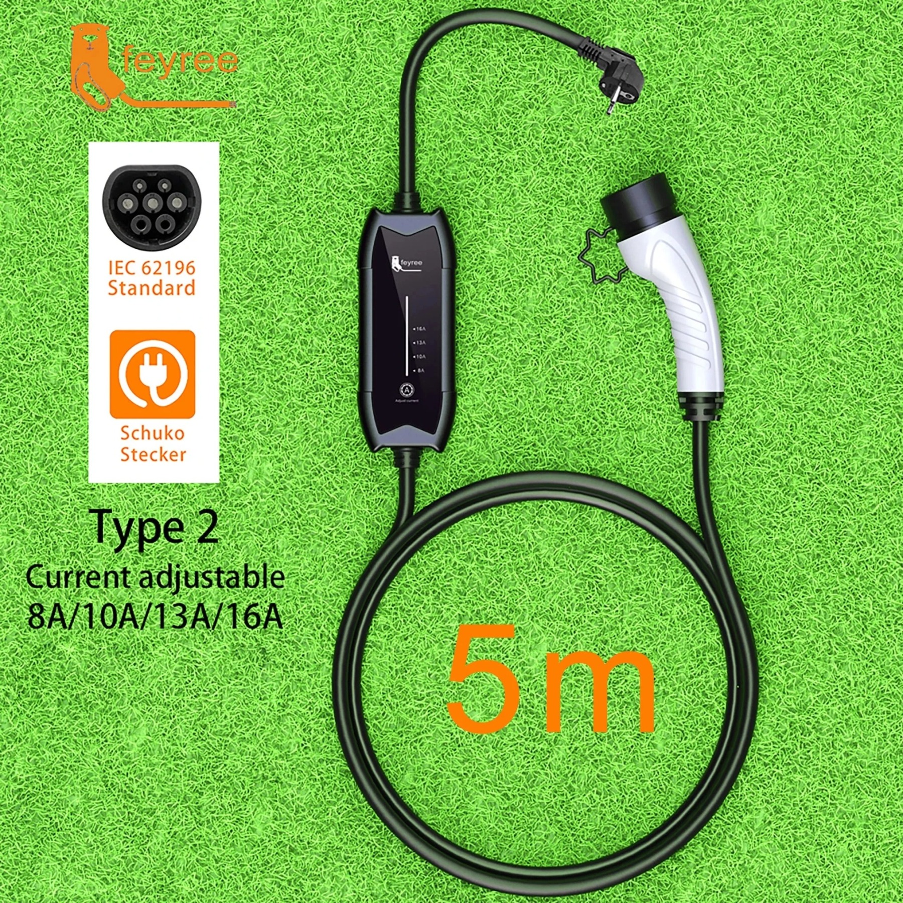 A portable Type 2 electric car charger with a 5-meter cable, adjustable current (8A, 10A, 13A, 16A), and a Schuko plug for convenient home charging.