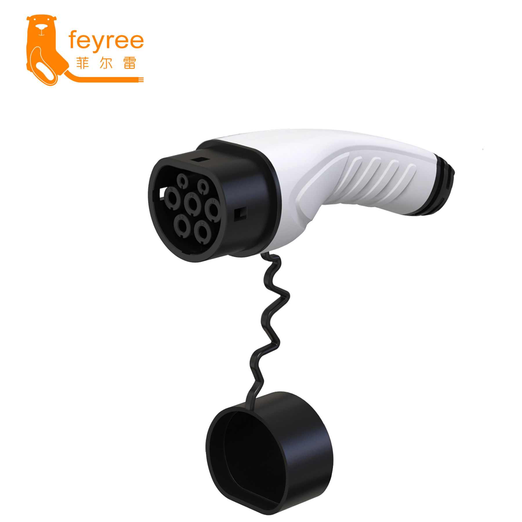 
White and black feyree Type 2 EV charging plug with a protective cap, ensuring a secure and weather-resistant connection for dependable daily charging.