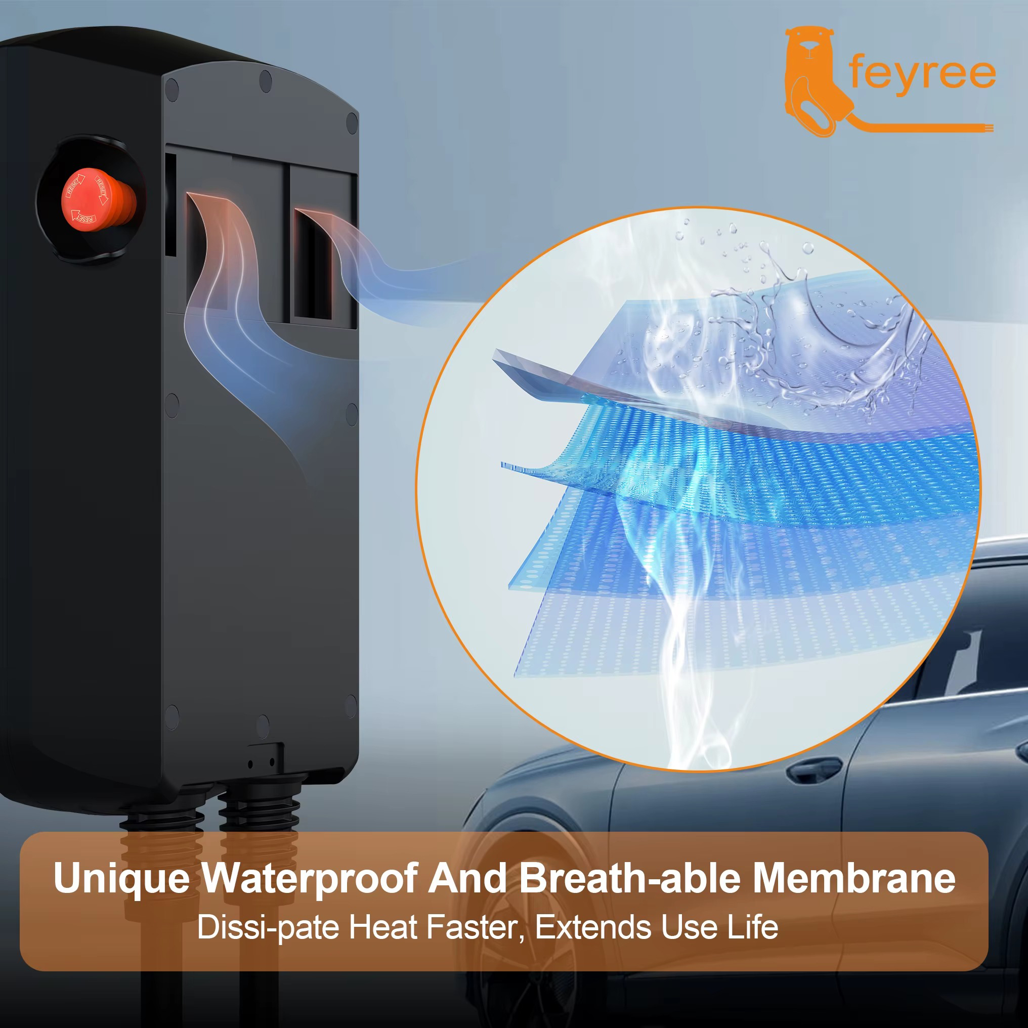 Advanced EV charger with waterproof, breathable membrane for superior heat dissipation, ensuring safety and longer product life.