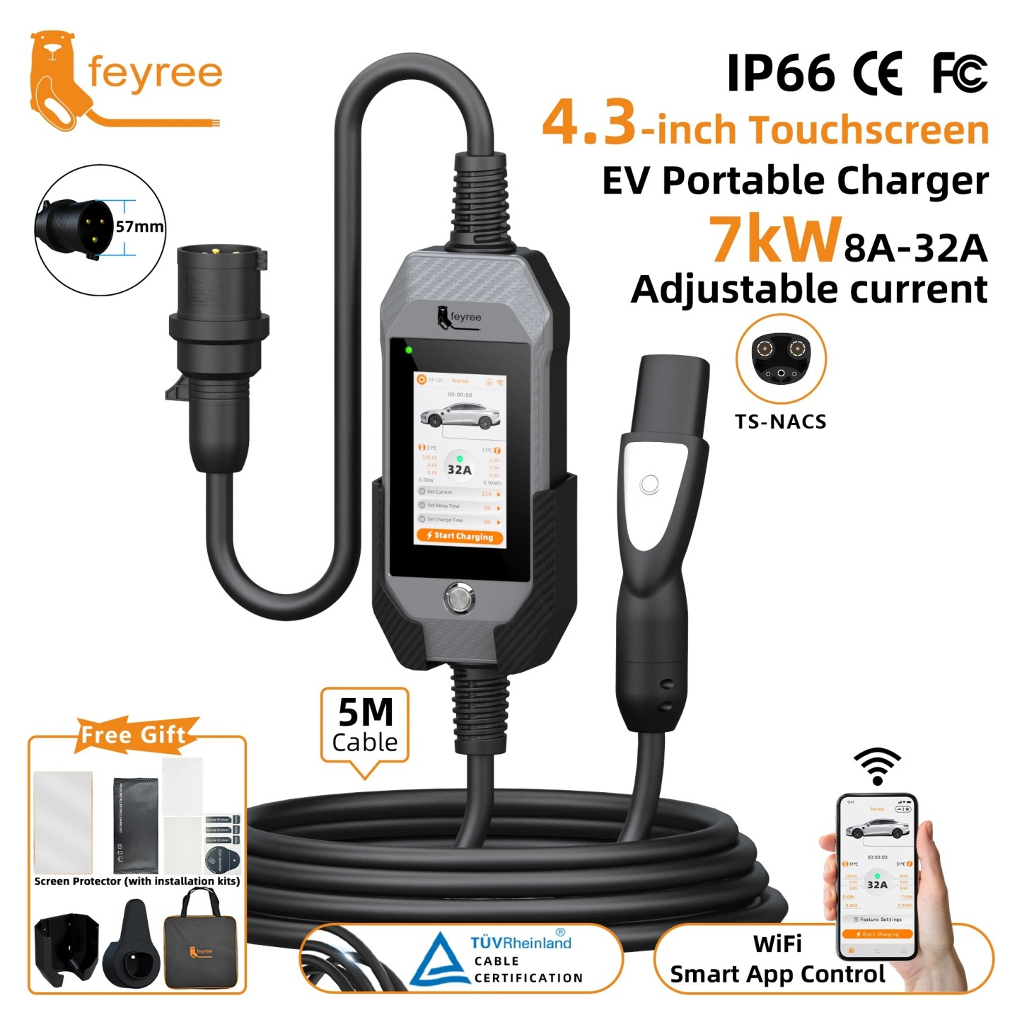 feyree 4.3Inch Touch Screen EV Charger 7kW 32A 1Phase TS-NACS Socket Smart WIFI APP Control EVSE Portable Box for Tesla EV Cars