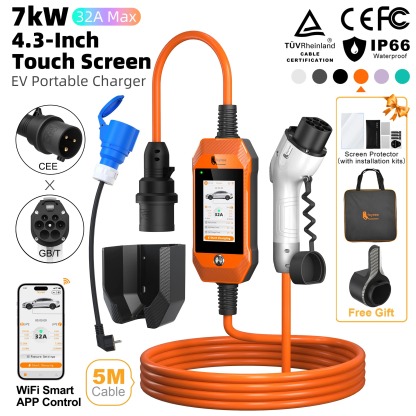 feyree GB/T EV Charger 7kW 32A 1P Touch Screen 4.3inch Smart WIFI APP Control EVSE Portable Charging Box forElectric Car Charger