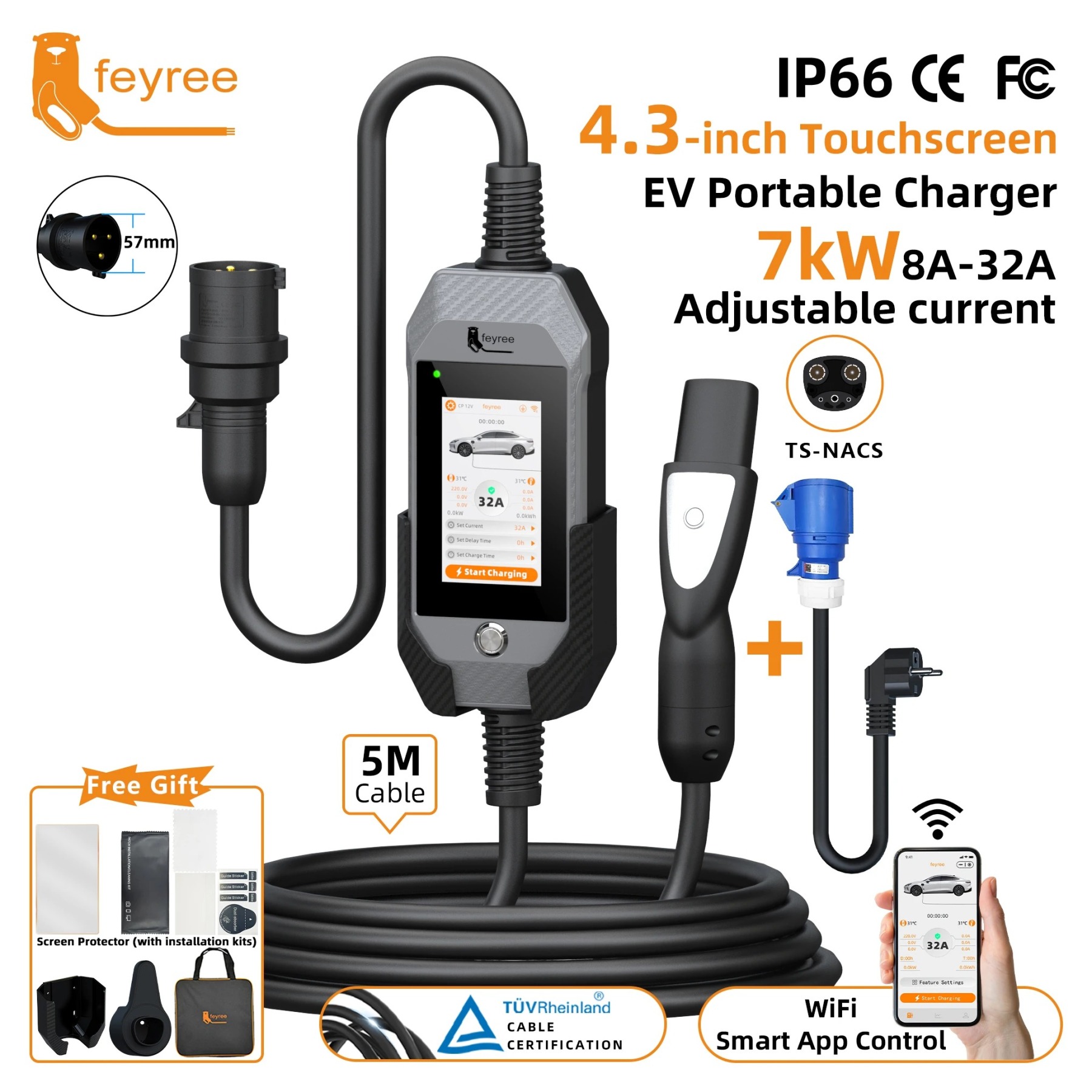 feyree 4.3Inch Touch Screen EV Charger 7kW 32A 1Phase TS-NACS Socket Smart WIFI APP Control EVSE Portable Box for Tesla EV Cars