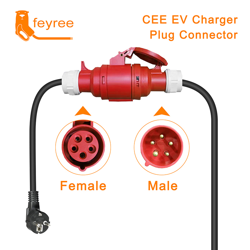 
Red CEE EV charger plug connector (male and female) with Schuko plug for reliable power conversion and industrial charging.