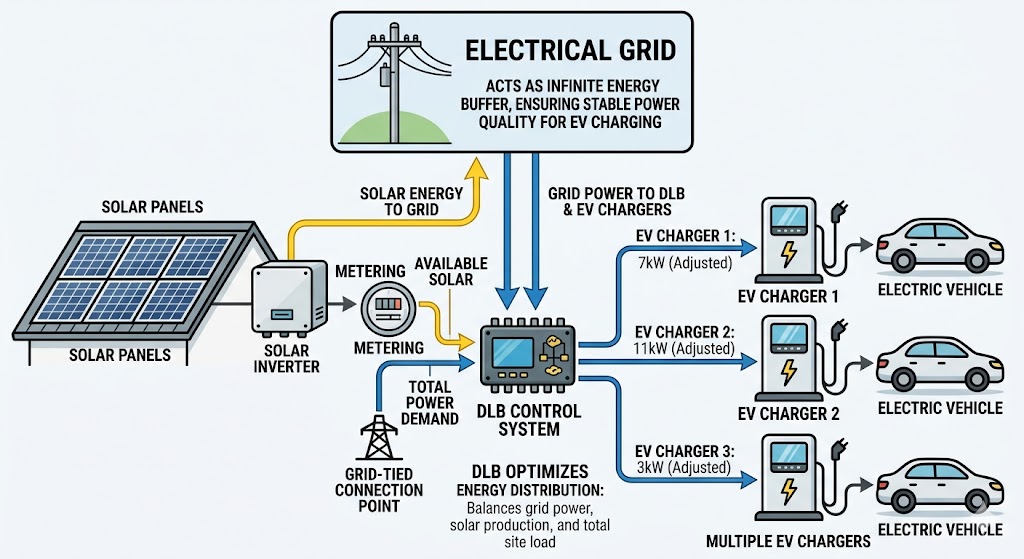 Grid-tied solar schematic with DLB system managing energy from an infinite grid buffer to EV units.