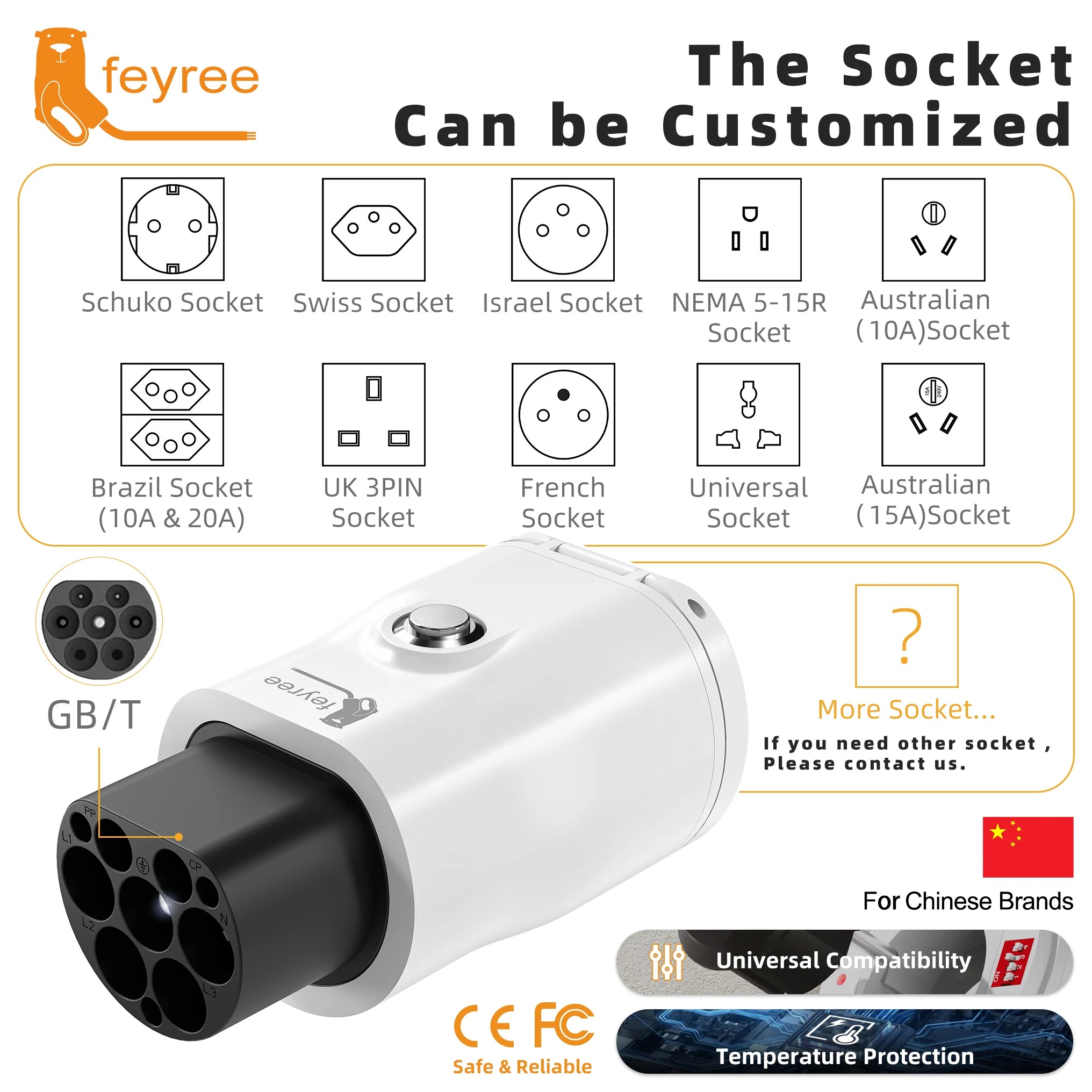 feyree GB/T EV Discharge Adapter with Temp Protection & Power Light - Adjustable Switch for Chinese EV Cars V2L for Camping Use