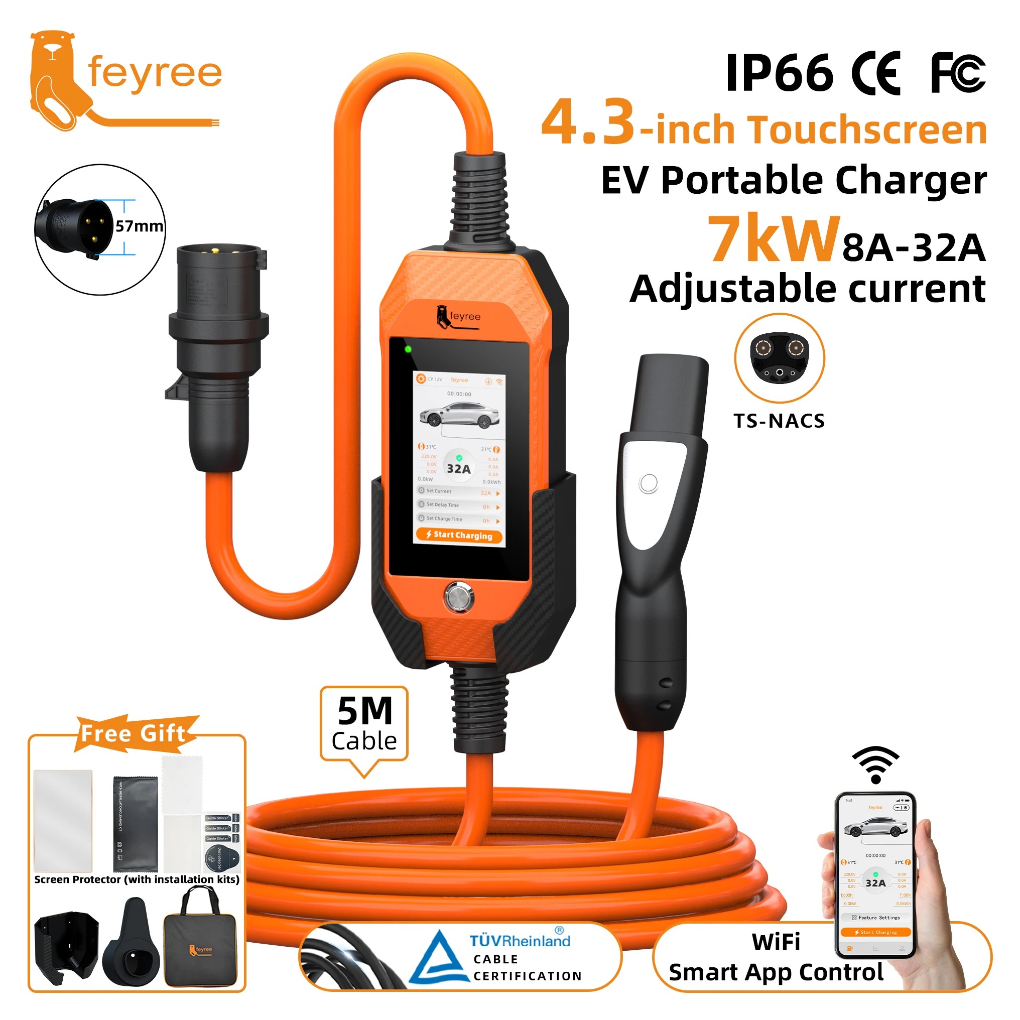 feyree 4.3Inch Touch Screen EV Charger 7kW 32A 1Phase TS-NACS Socket Smart WIFI APP Control EVSE Portable Box for Tesla EV Cars