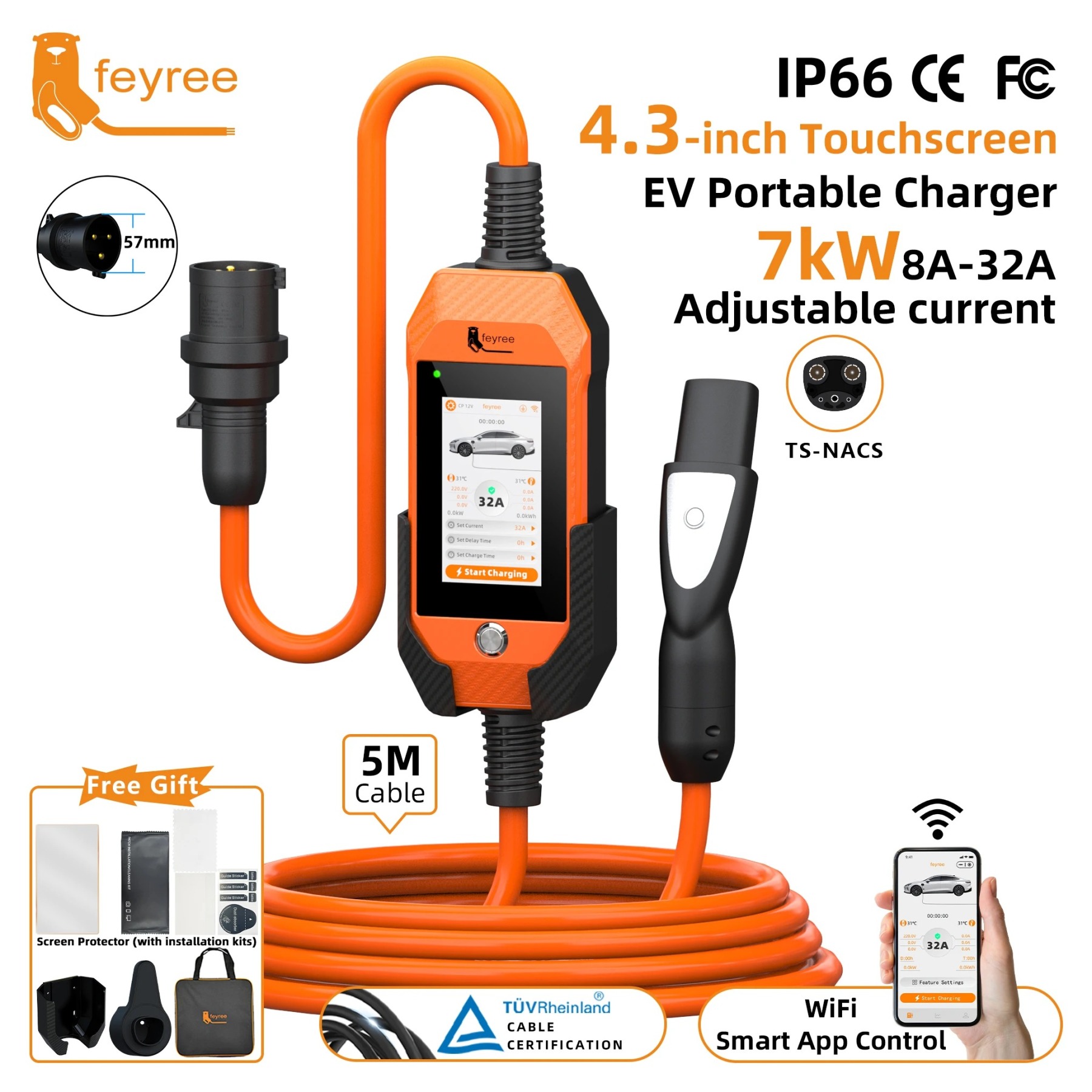 feyree 4.3Inch Touch Screen EV Charger 7kW 32A 1Phase TS-NACS Socket Smart WIFI APP Control EVSE Portable Box for Tesla EV Cars
