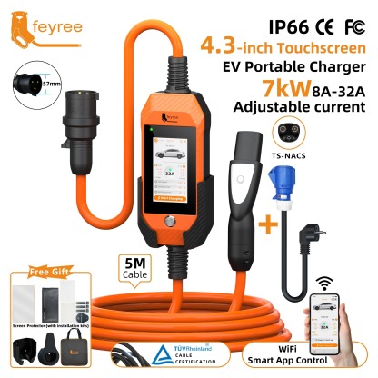 feyree 4.3Inch Touch Screen EV Charger 7kW 32A 1Phase TS-NACS Socket Smart WIFI APP Control EVSE Portable Box for Tesla EV Cars