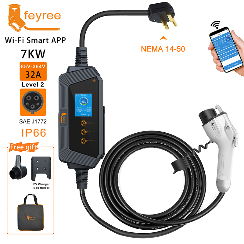 feyree Type1 Portable EV Charger 7KW 32A 1Phase J1772 Socket with 5m Cable Smart APP WIFI Control Version for Electric Vehicle-feyree