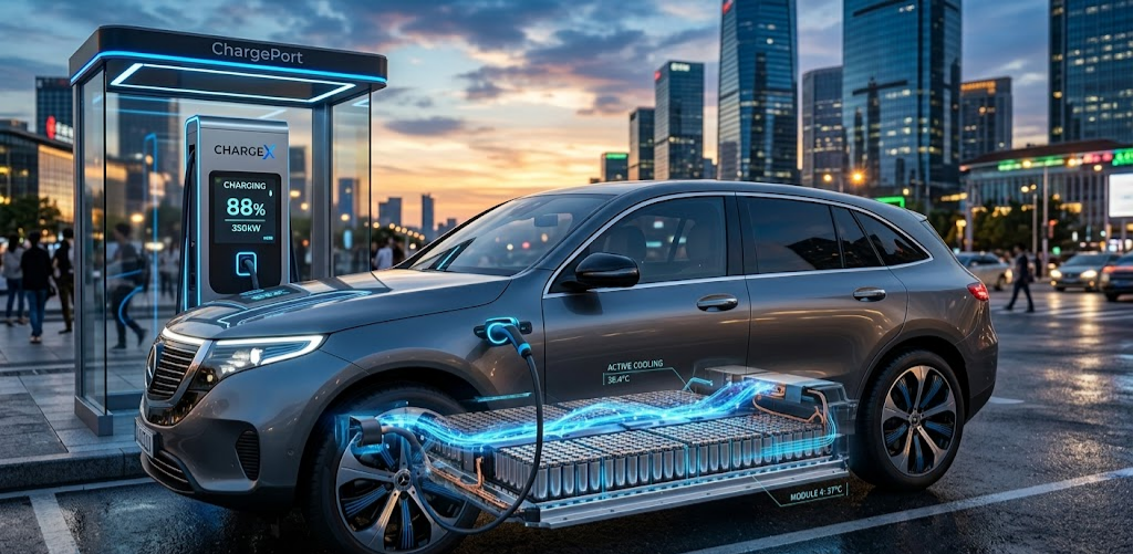 EV charging at sunset with a cutaway view showing a glowing lithium-ion battery pack beneath the floor.