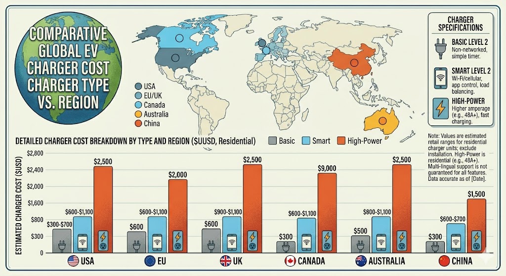 Infographic map and bar chart showing EV charger installation costs by complexity (Simple, Moderate, Complex) in the USA, EU, UK, Canada, Australia, and China, with color-coded price ranges.