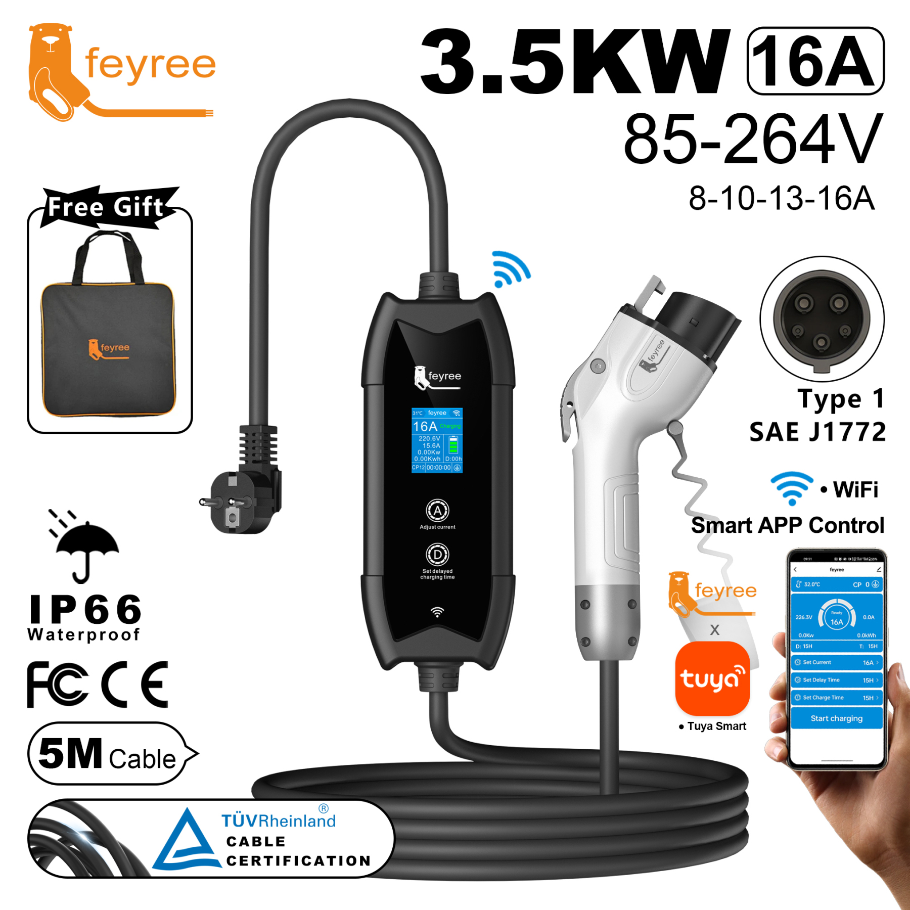 
Portable 3.5kW EV charger with a Type 1 SAE J1772 connector, a 5-meter cable, and Wi-Fi smart app control, shown with its included carrying bag.