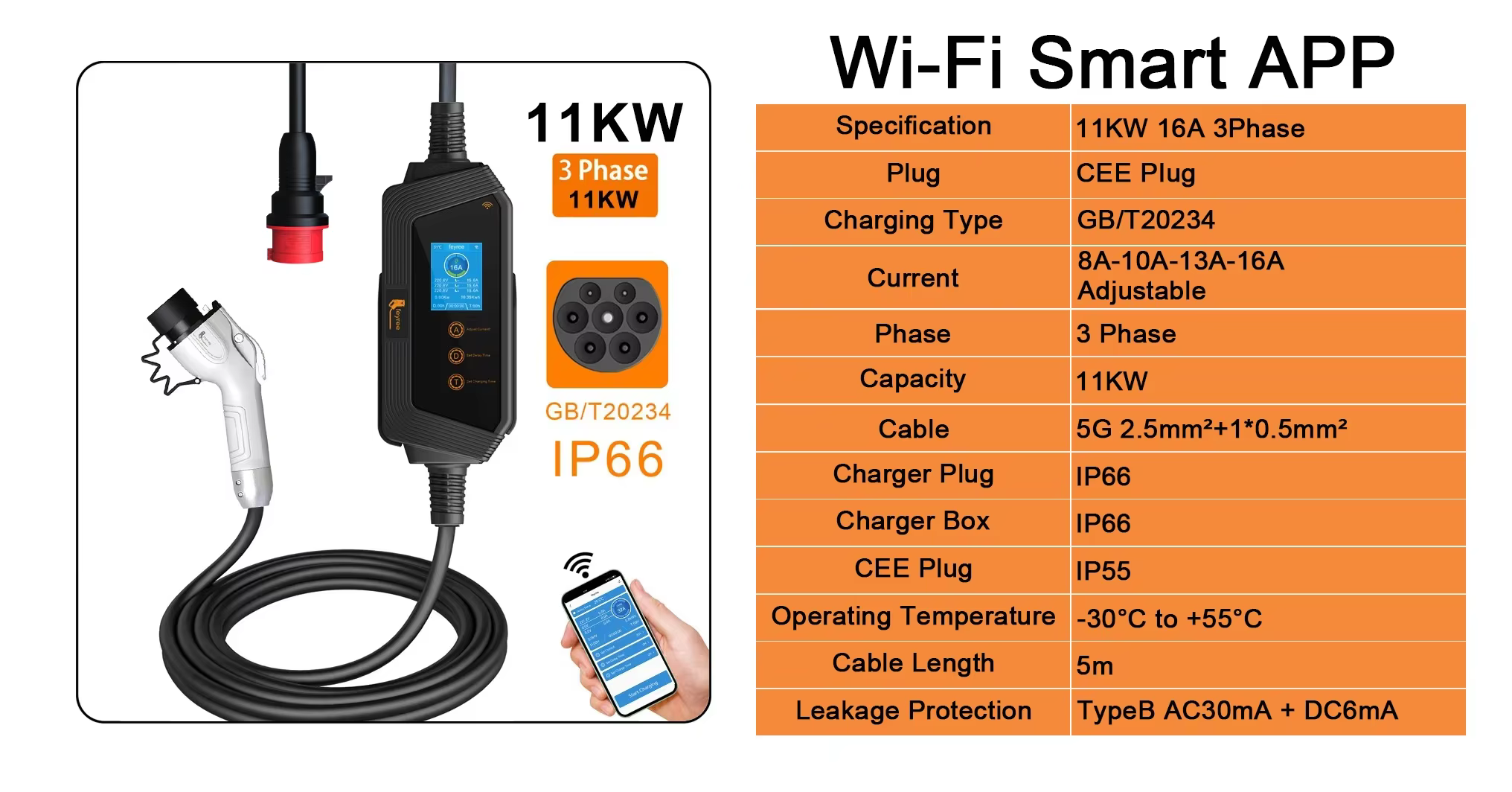 Portable 7kW EV charger with Wi-Fi smart APP control, adjustable 32A CEE plug, IP66 waterproof design