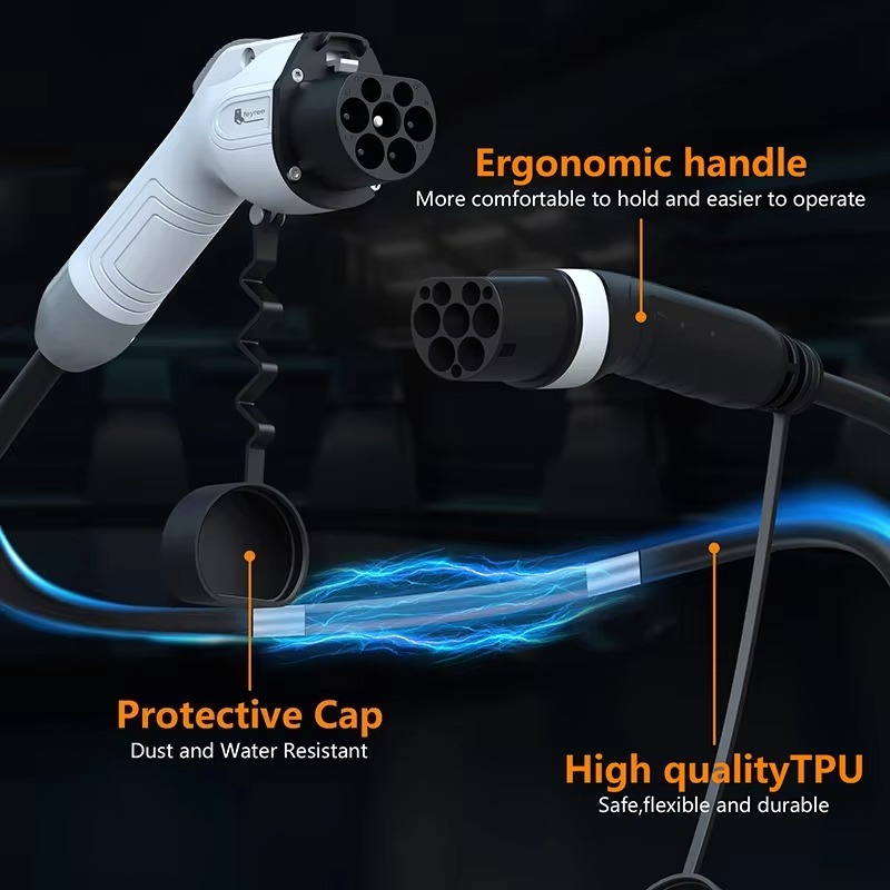 
Durable EV charging cable with ergonomic handle, Type 2 and GB/T connectors, high-quality TPU cable, and protective caps for reliable daily use.