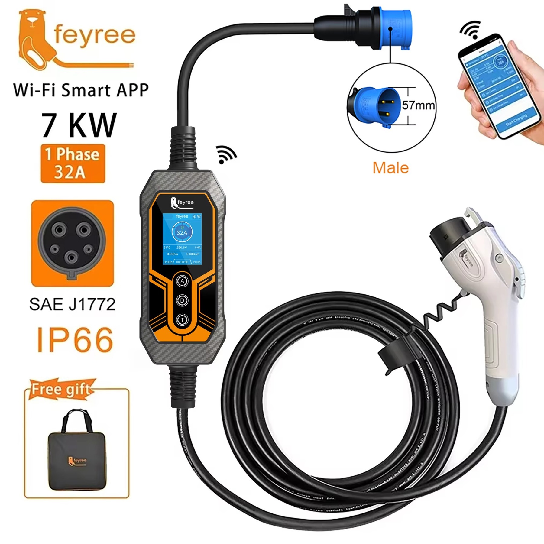 
11kW 16A 3-Phase Type 2 portable EV charger with adjustable current, CEE plug, and carrying bag for fast, versatile home or travel charging.