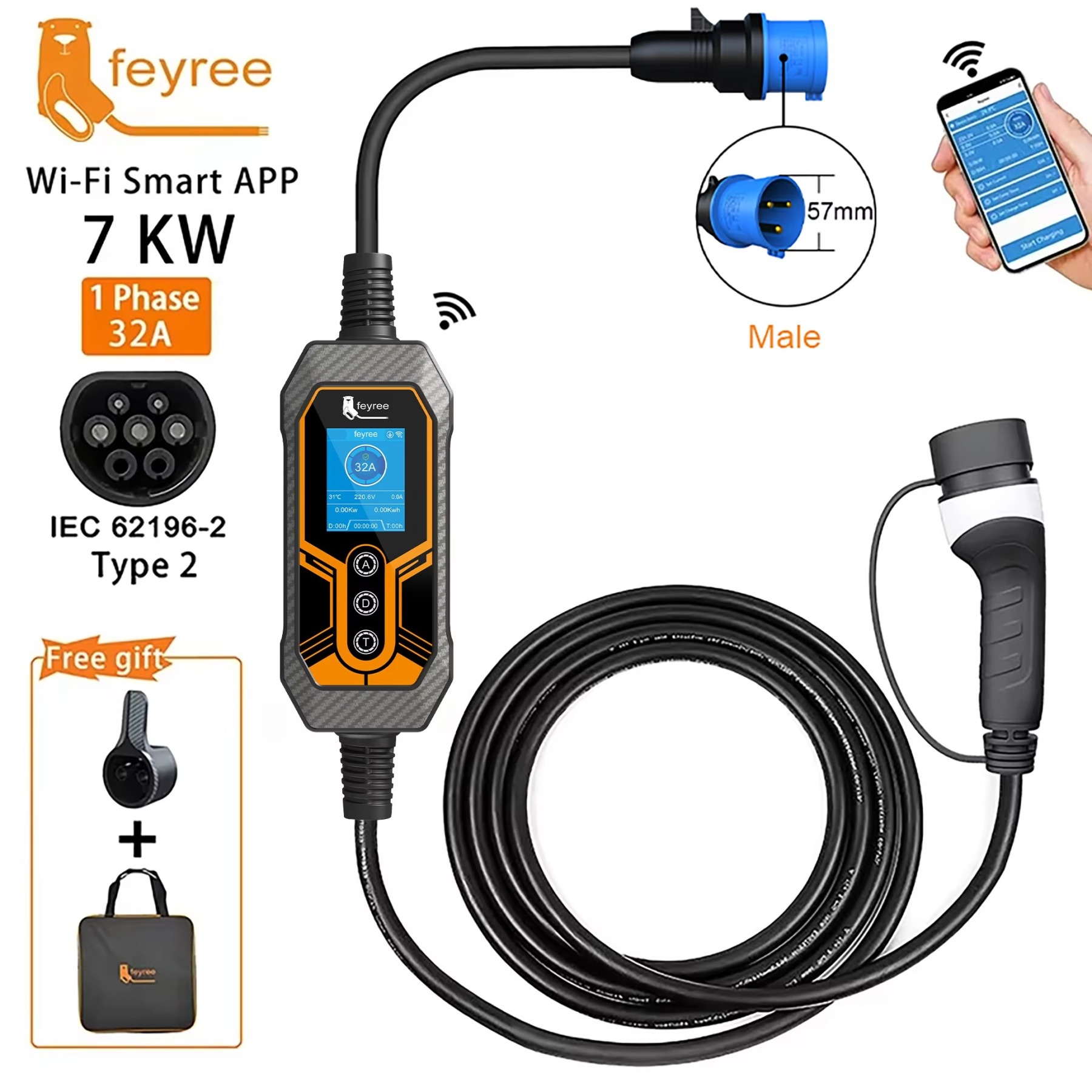 
Complete portable EV charging kit with Wi-Fi App control. This 7kW, 32A charger includes a Type 2 plug and a single-phase industrial connector, providing a full solution for fast and convenient electric vehicle charging.