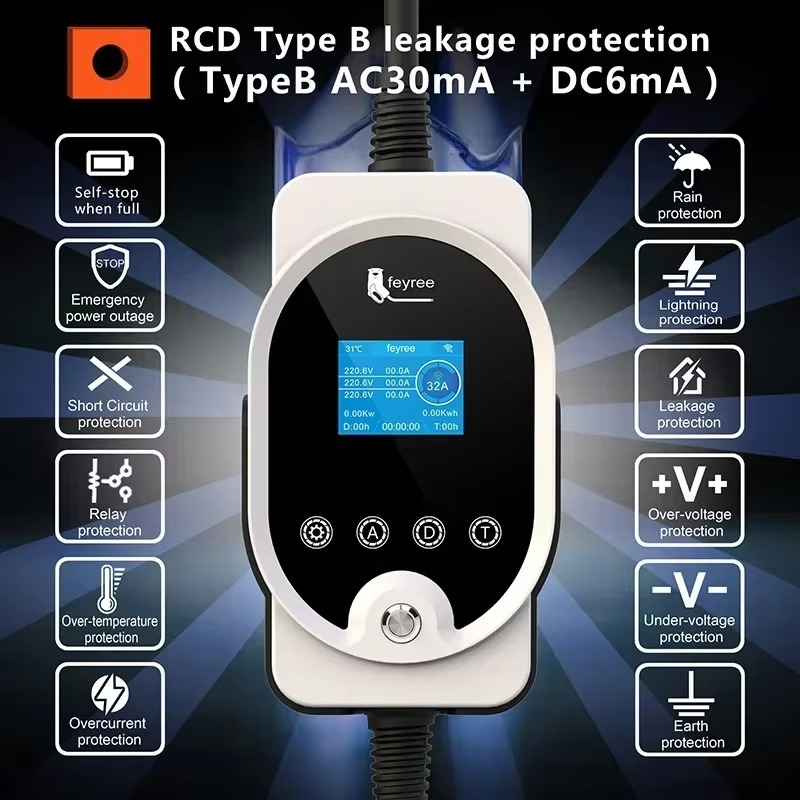 feyree 22KW GB/T Portable EV Charger 32A 3Phase With APP Control