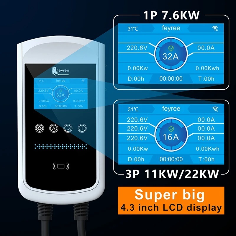 feyree Type2 EV Portable Charger 7.6KW 11KW 2KW With APP Control 4.3inch Screen-feyree